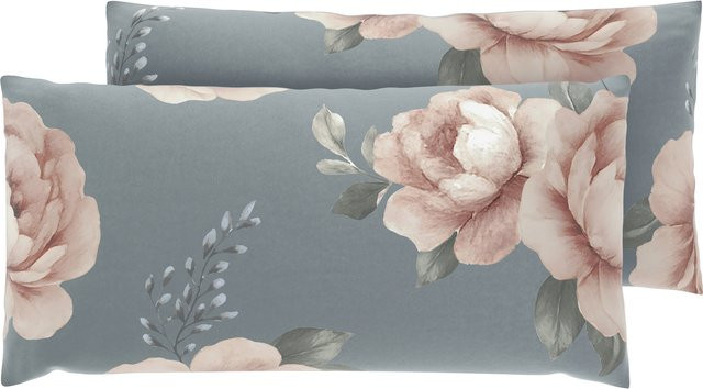 LIVARNO Renforcé-Kissenbezüge mit Blumenmuster in Grau und Blau, B/H: 40 x 80 cm - Bild 1
