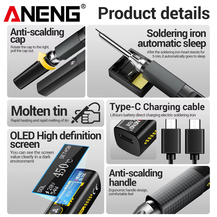 ANENG SL108 Elektrischer Lötkolben 96 W mit einstellbarer Temperatur, tragbares Smart-Lötkolben-Set in Schwarz-Silber mit PD/QC Schnellladung - Bild 4