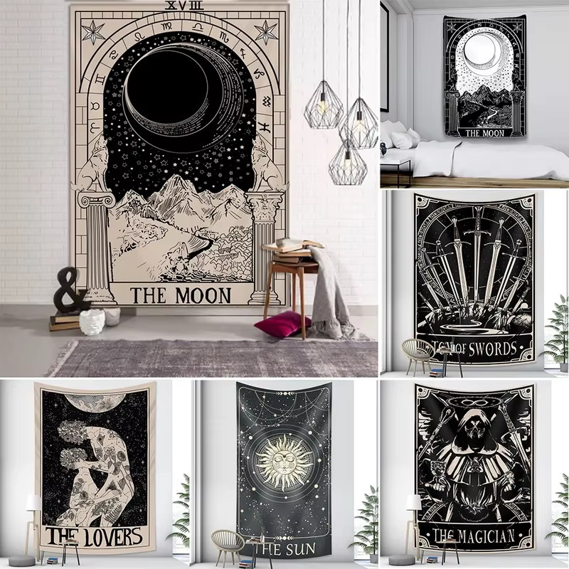 VIKAMA Tarot Wandteppich mit Sonne, Mond und Sternen – Mystischer Boho Wandbehang im abstrakten Design - Bild 2