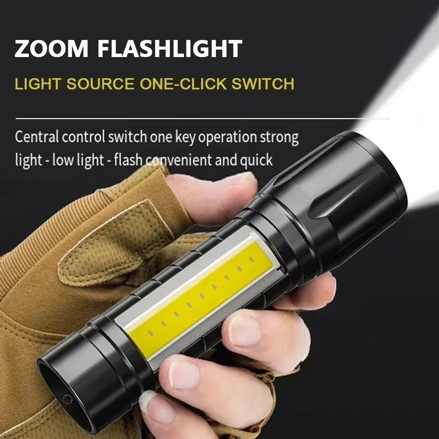 Mini-LED-Taschenlampe mit COB und XPE, tragbare taktische Taschenlampe mit USB-Aufladung, zoombare Leselampe in Schwarz mit Stiftclip - Bild 2