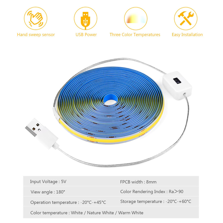 CHNAITEKE COB LED Streifen mit Handbewegung-Bewegungssensor, USB 5V, wasserdicht, weiß, 120 LEDs/m - Bild 3