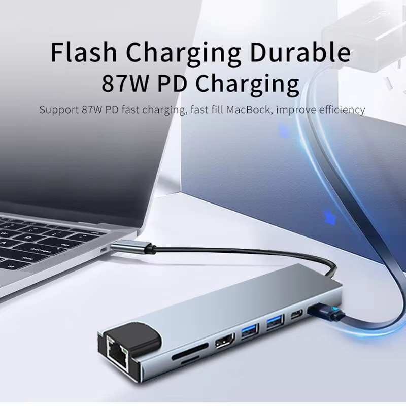 LIQI 8in1 USB C Hub in Silber mit 4K HDMI, RJ45 Ethernet, SD/TF Kartenleser und PD Schnellladung - Bild 4