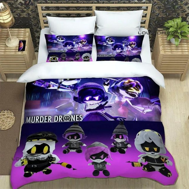 M-Murder Drones Bettwäsche-Set mit Cartoon-Aufdruck in Lila, bestehend aus Bettbezug und Kissenbezügen aus Mikrofaser, Breite: 70 cm, Länge: 133 cm - Bild 1