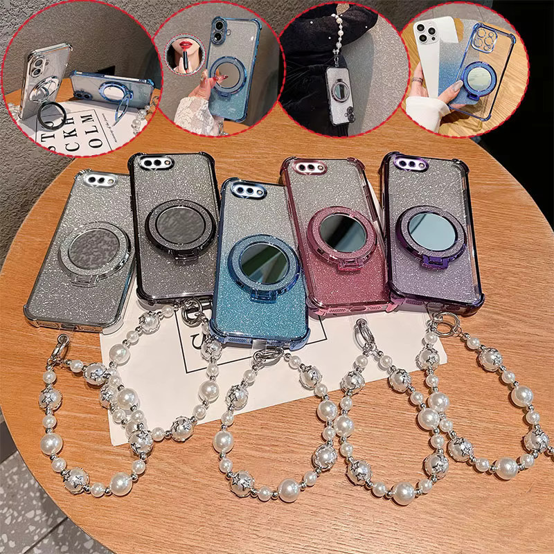 DONGLILE Handyhülle mit Bling Glitzer Lippenstift Spiegel und Perlenkette in Pink für Oppo A3S, A12e, AX5 und Realme C1 - Bild 2