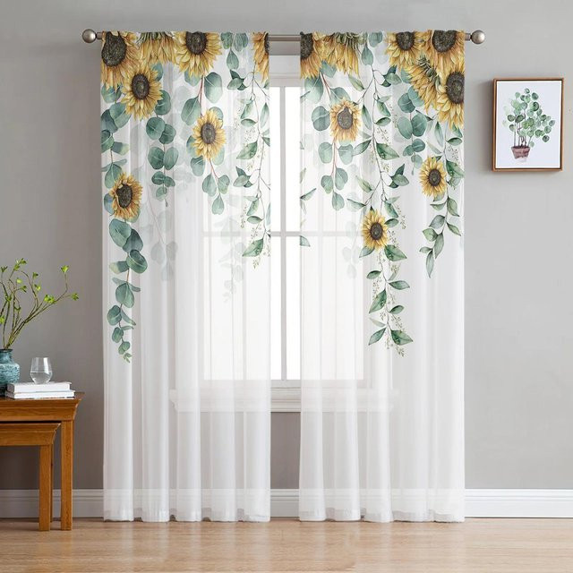 Transparenter Tüllvorhang mit Eukalyptusblättern im Frühlingsaquarell-Design von Yiran Furniture, Farbe Weiß, B: 135 cm, H: 115 cm - Bild 1