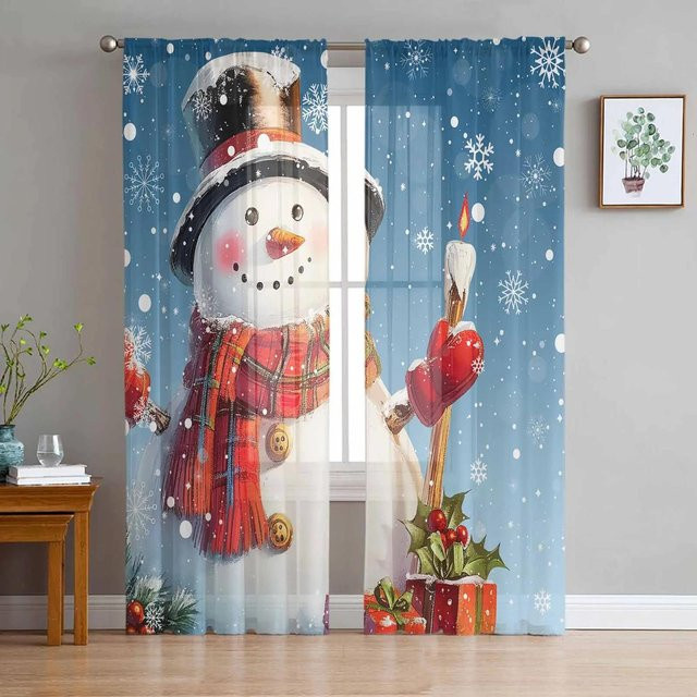 Weihnachts Vorhänge mit Schneemann und Schneeflocken Motiv aus Tüll Voile, Grau, B: 135 cm, H: 115 cm - Bild 1