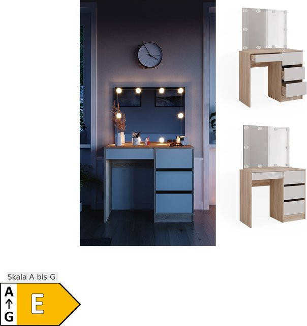 Vicco Schminktisch Sherry Sonoma Weiß mit LED Beleuchtung und Spiegel, B: 90 cm, H: 75 cm, T: 75 cm - Bild 1