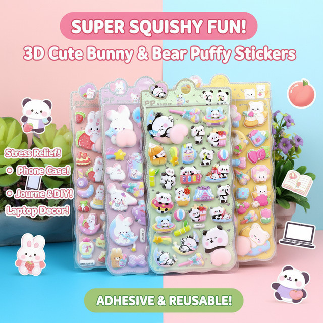 3D Hase Pfirsich Aufkleber als süßer Cartoon Puffy Squishy Stress Relief Sticker in Multicolour für Handyhülle Laptop und Journal Dekoration - Bild 1