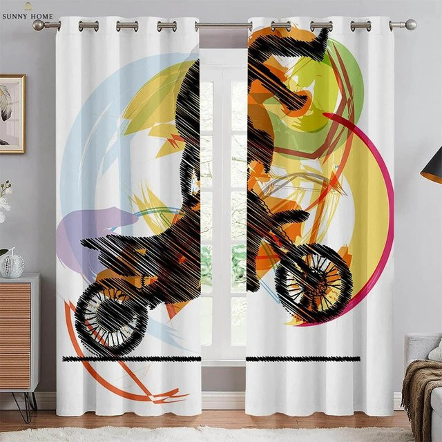 Motorrad 3D-Druck Vorhänge aus Polyester im modernen Stil, 2er-Set, Mehrfarbig, Breite: 50 cm, Höhe: 140 cm - Bild 1