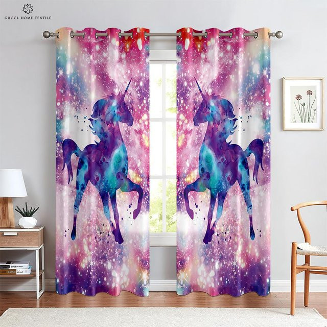 Yiran Furniture Einhorn Regenbogen Vorhänge für Kinder, halbtransparent, mehrfarbig, B: 100 cm, H: 220 cm, 2 Stück - Bild 1