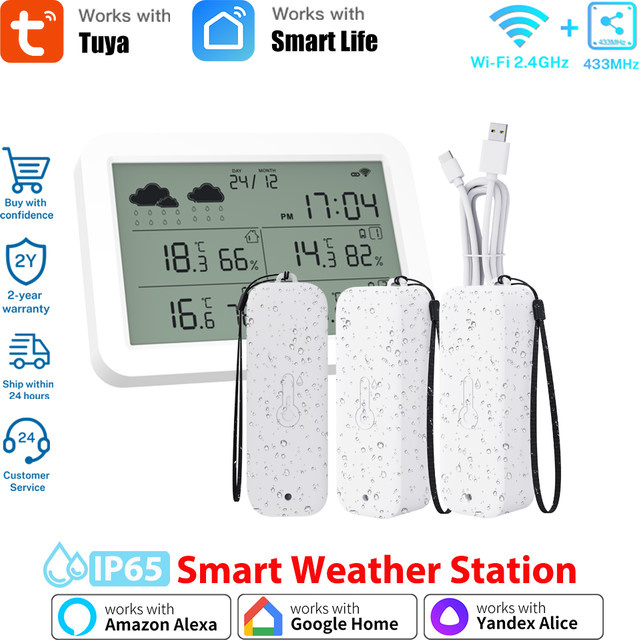 Tuya WiFi Wetterstation mit digitalem Thermometer und Raumhygrometer in Weiß zur Messung von Innen- und Außentemperatur sowie Feuchtigkeit als Tisch- oder Wanduhr - Bild 1