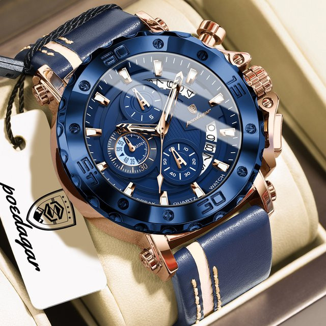 POEDAGAR Armbanduhr Chronograph, Quarz, Leder, Blau, Herren - Bild 1