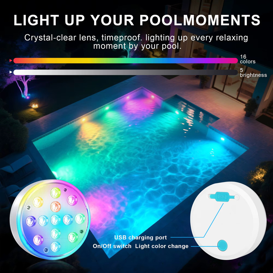 Wiederaufladbare LED Poolleuchten mit Fernbedienung, wasserdichte Unterwasser-LED-Beleuchtung mit 16 Farben und schwebendem Magnetlicht - Bild 4
