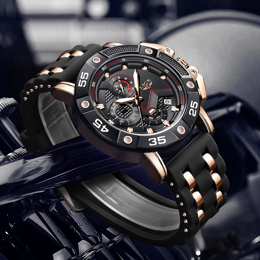 LIGE Chronograph Herrenuhr, Quarz, Silikon, Schwarz, Datum - Bild 5