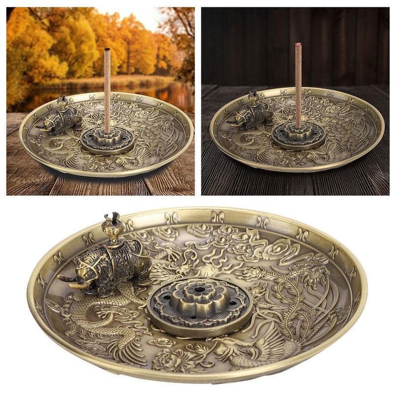 Tooarts Räuchergefäß Drache und Phönix in Gold, Vintage Metall Stäbchenhalter mit Lotus und Elefant für die Heimverehrung, Durchmesser: 10,8 cm, Höhe: 1,8 cm - Bild 3