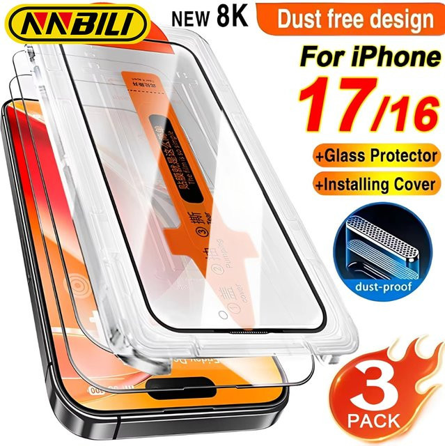 NNBILI 3er-Pack Displayschutzfolie aus gehärtetem Glas für iPhone 17, 16 Pro Max, 17Air und 16E, transparent und kratzfest - Bild 1