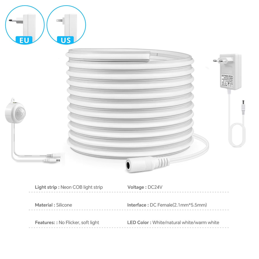 Lcamaw COB LED-Nachtlicht mit PIR-Bewegungssensor, warmweißes Neonlichtband in Weiß für Treppen und Flure, DC24V wasserdichtes Wandlicht aus Silikon - Bild 2