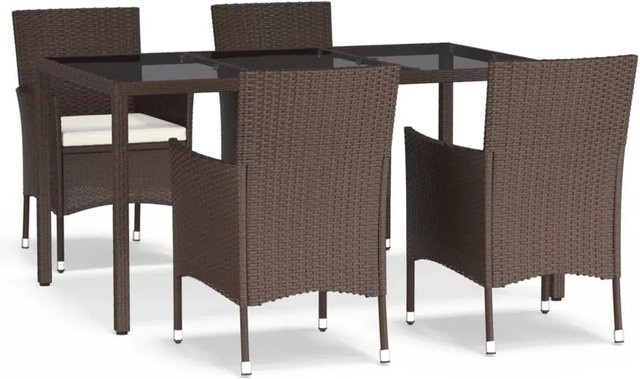 vidaXL 5-teilige Garten-Essgruppe aus Poly Rattan in Braun mit Kissen und Hartglas-Tischplatte - Bild 1