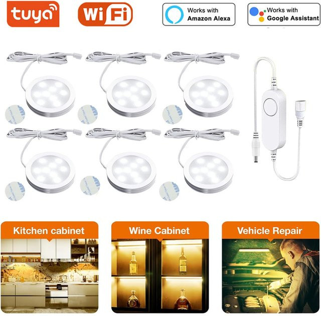 Tuya WiFi dimmbare Puck-Leuchten für Küchenunterschränke und Kleiderschränke, warmweiß, 12V, App-Steuerung und Alexa-kompatibel - Bild 1