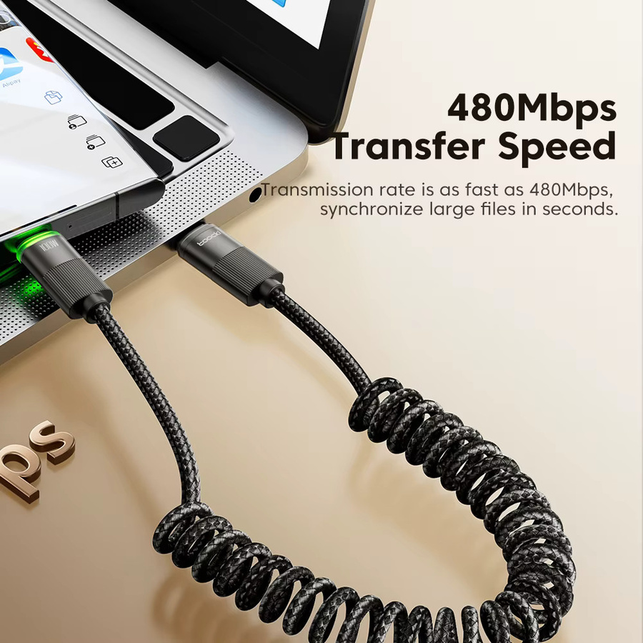 Toocki USB-C auf USB-C Federkabel Schwarz mit PD 100W Schnellladefunktion für iPhone 15 16 Samsung S23 und MacBook - Bild 2