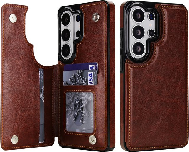 Leder-Brieftaschenhülle für Samsung Galaxy S23 S24 S25 S26 Ultra A57 A37 A56 A36 A26 A16 mit Kartenhalter als Flip-Schutzhülle in Rot und Braun - Bild 1