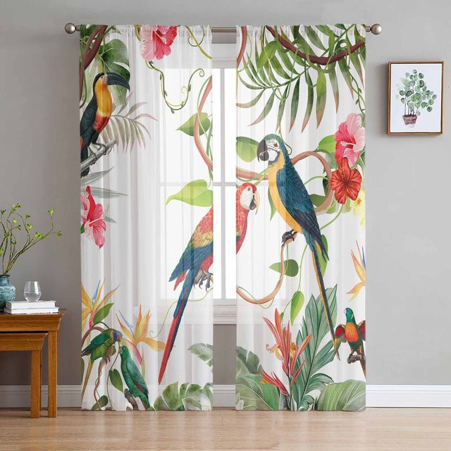Yiran Furniture Transparente Gardine Tropische Pflanzen und Papagei aus Tüll und Organza, Multicolor, Breite: 135 cm, Höhe: 115 cm - Bild 1
