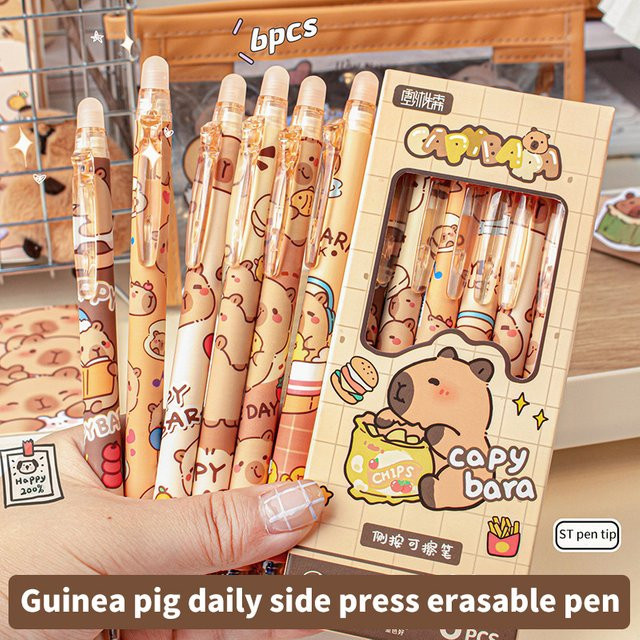 6er Set Kawaii Capybara Gel Stifte mit schwarzer und blauer Tinte, schnell trocknende ästhetische Schreibwaren für Schule und Büro - Bild 1