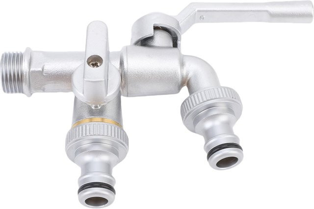 Doppelhahn Wasserhahn aus Messing mit 1/2 Zoll Einlass und 3/4 Zoll sowie 1 Zoll Auslass als Außenwasserhahn und Schlauchverteiler in Silber - Bild 1
