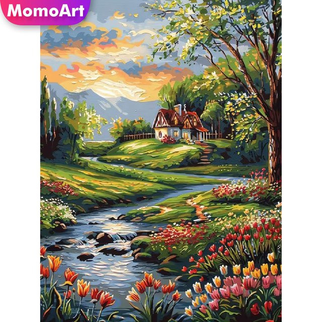 Momoart Diamantmalerei Flusslandschaft DIY Diamant-Mosaik mit Hausmuster für Erwachsene und Anfänger, Mehrfarbig, B/T: 30 x 30 cm - Bild 1