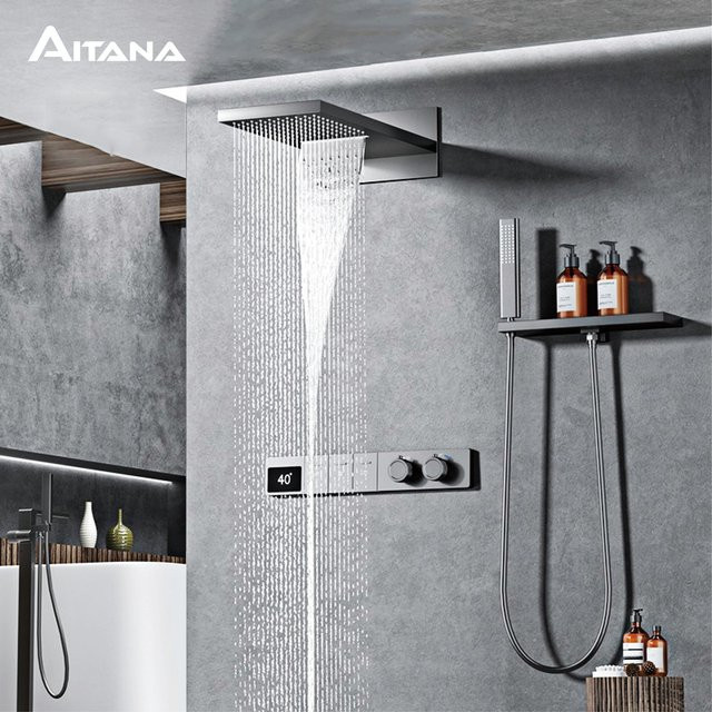 Aitana Duschsystem aus Messing in Grau mit Wandmontage und Chrom-Finish - Bild 1