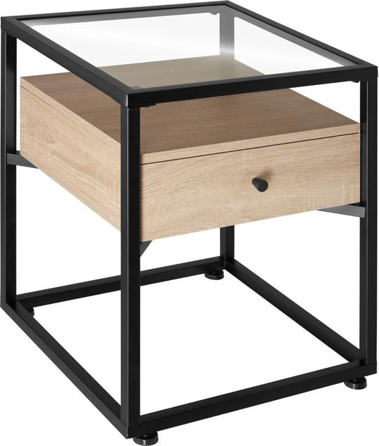 tectake Nachttisch im Industrial Style mit Glasplatte und Schublade aus Holz, Stahl und Glas, braun/grau/mehrfarbig, B: 43 cm, T: 45 cm, H: 54,5 cm - Bild 2