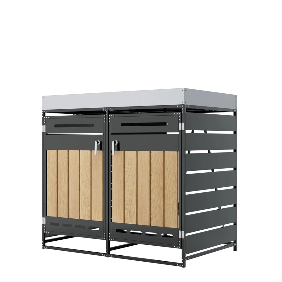 PXloue Mülltonnenbox 2er-Set mit Pflanzkasten in Grau und vertikaler Holzmaserung aus Metall - Bild 2