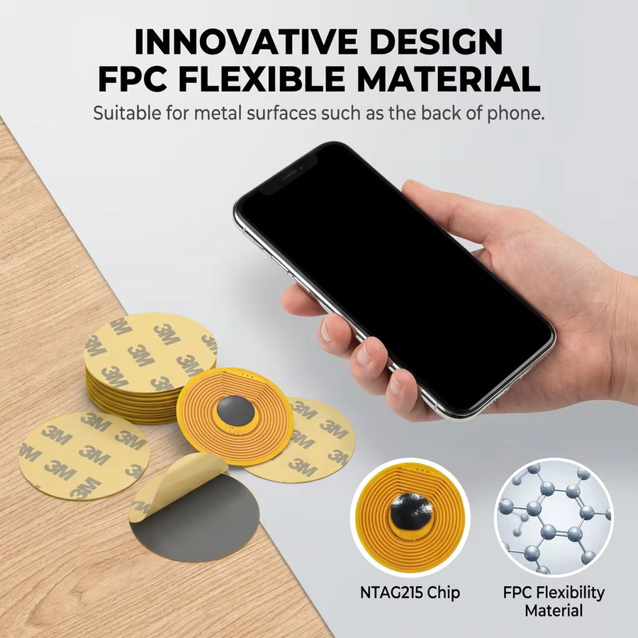 HENNCER NTAG215 Anti-Metall FPC NFC-Tag 13,56MHz 504 Byte Wasserdichter Aufkleber mit 3M-Klebstoff für Metalloberflächen Durchmesser: 10 mm - Bild 3