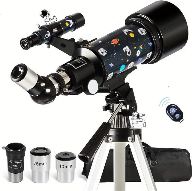 Refraktorteleskop für Astronomie-Anfänger mit 70 mm Öffnung und Handy-Adapter, Schwarz - Bild 1