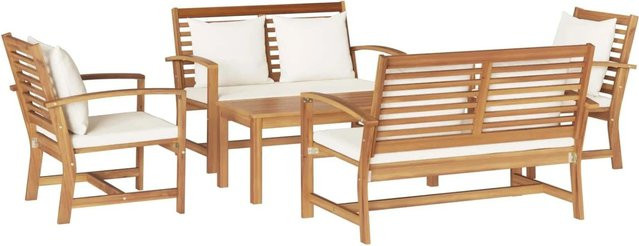 vidaXL Gartensofa-Set aus Teak Massivholz mit 5 Teilen, bestehend aus 3-Sitzer-Sofa, Lounge-Sesseln und Couchtisch, inklusive Polsterkissen in Braun und Weiß - Bild 1