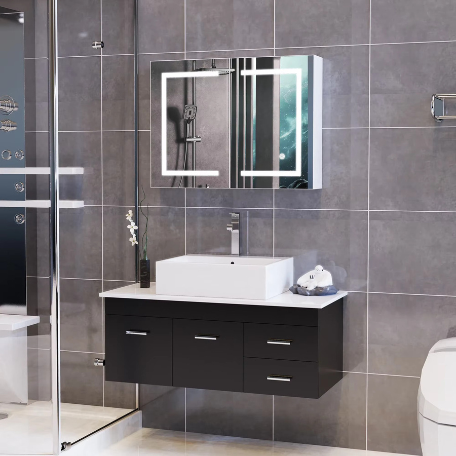 Rosahqnda Moderner Spiegelschrank für das Badezimmer mit LED-Beleuchtung, Wandmontage, Weiß, MDF und Glas - Bild 3