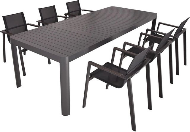 DELUKE Garten-Sitzgruppe ENZO 7-teilig in Dunkelgrau mit ausziehbarem Esstisch und Stapelstühlen aus Aluminium und Kunststoff im Industrial-Design - Bild 1