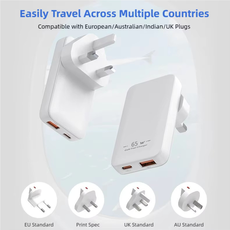 TINSOL PD 65W Galliumnitrid-Ladegerät in Weiß mit USB-C Dual-Port Schnellladegerät und Mehrfach-Reisesteckern - Bild 2