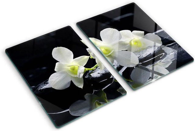 Tulup Herdabdeckplatten Set aus 2 Stück aus Glas mit Orchideen-Design in Schwarz, B/T: 52 x 40 cm - Bild 1