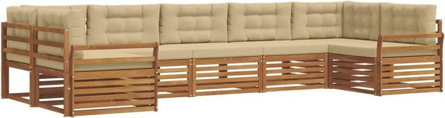 vidaXL Sofagarnitur aus Massivholz Akazie in Natur und Beige, 7-teiliges U-Form Gartenmöbel-Set mit abnehmbaren Kissen - Bild 1
