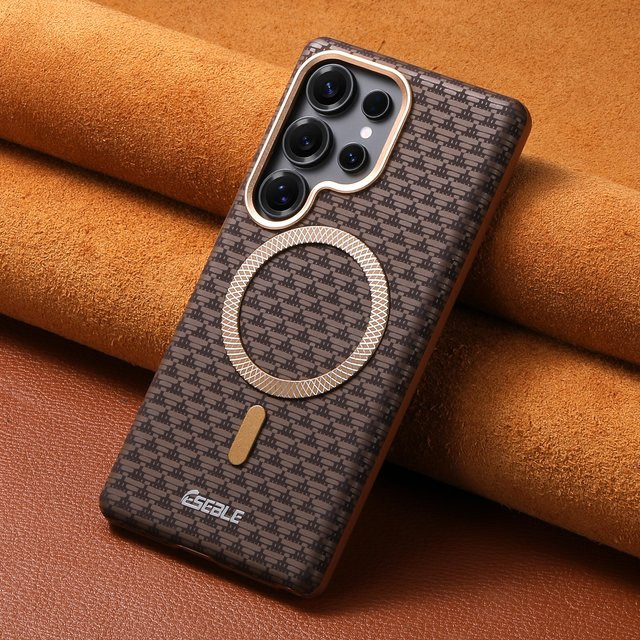 Luxuriöse Kunstleder-Handyhülle mit Magnet-Wireless-Charging und Matt-Gefühl für Samsung Galaxy S26 Ultra, S25 Plus und S24 in Braun - Bild 1