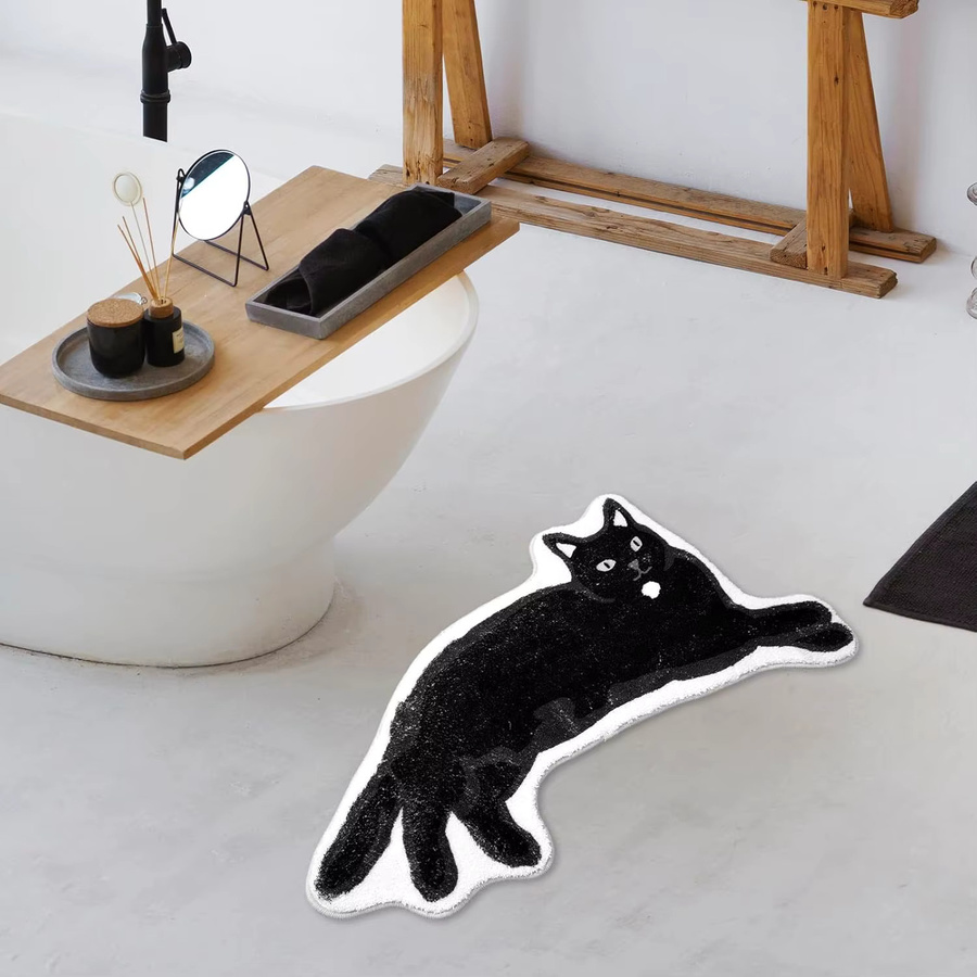 VIKAMA Rutschfester Teppich mit schwarzem Katzen-Design in Wolleoptik für Badezimmer, Küche oder Wohnzimmer, Farbe: Schwarz - Bild 2