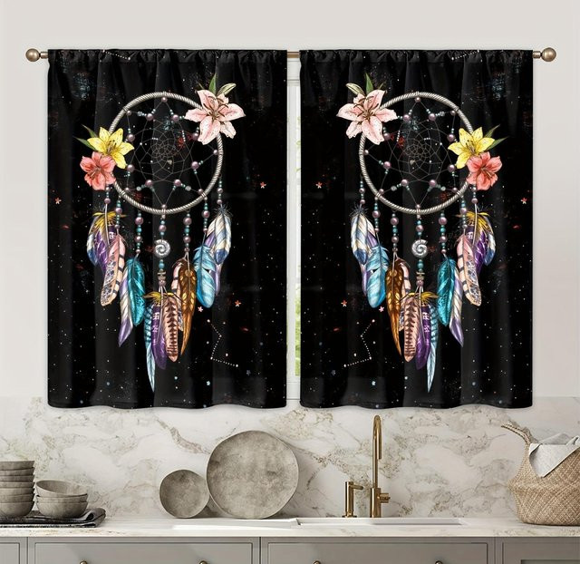 2er-Set halbverdunkelnde Küchenvorhänge mit Aquarell-Blumenmuster von Yiran Furniture, Farbe: Multicolour/Schwarz, B: 70 cm, H: 165 cm - Bild 1