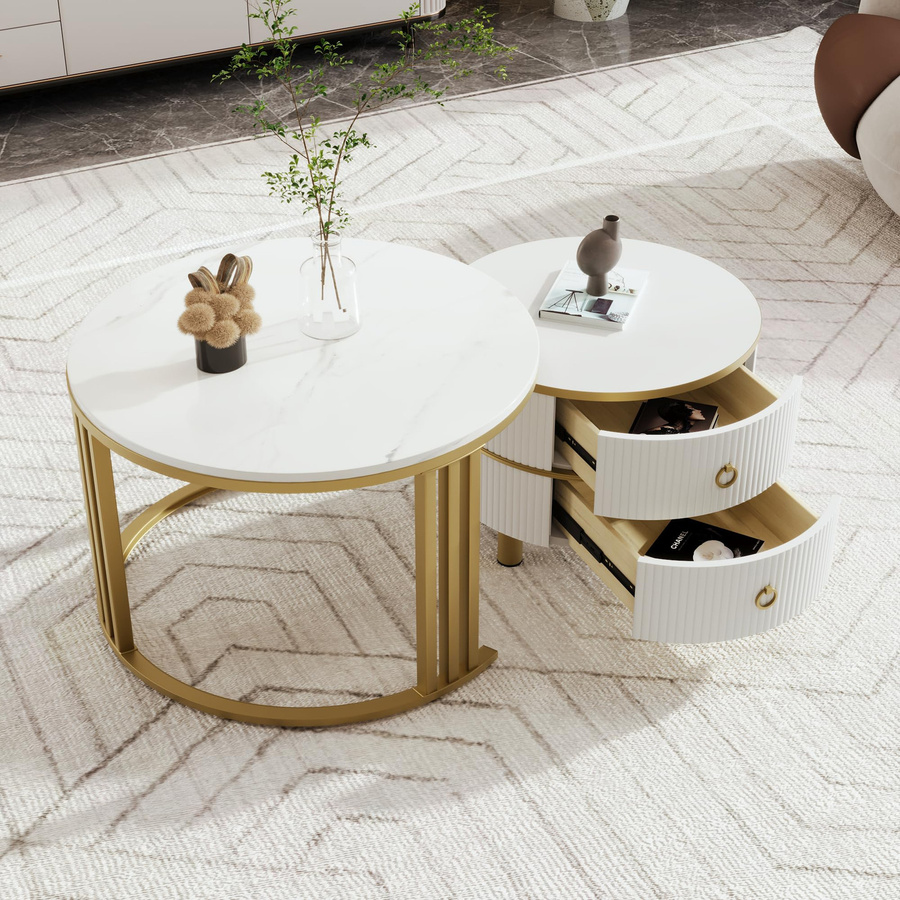 Flieks 2er Set Rund Couchtisch im modernen Luxusstil mit Marmormuster und Schubladen in Weiß - Bild 3