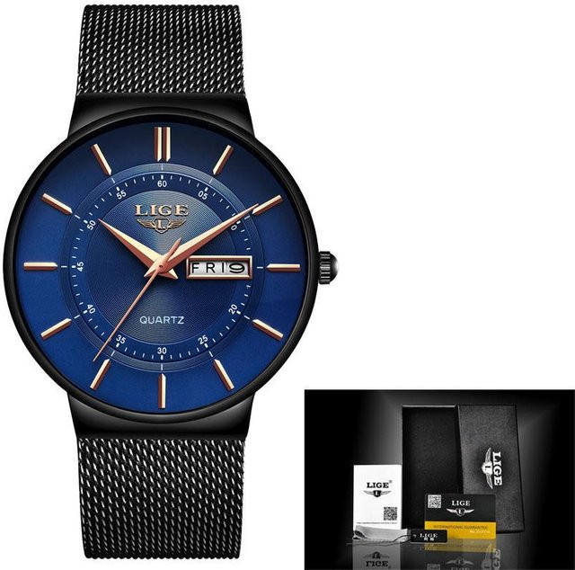 LIGE Armbanduhr Quarz, Edelstahl, 42 mm, Schwarz/Blau, Unisex - Bild 1