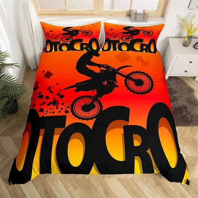 Motocross Bettwäsche-Set aus Mikrofaser mit 3D-Design für Jugendliche und Teenager, Farbe Orange, B/H: 180 x 210 cm - Bild 1