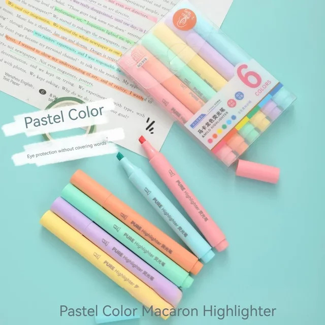 6-teiliges Pastell-Textmarker-Set in Macaron-Farben mit Keilspitze für Schule und Büro, Mehrfarbig - Bild 1