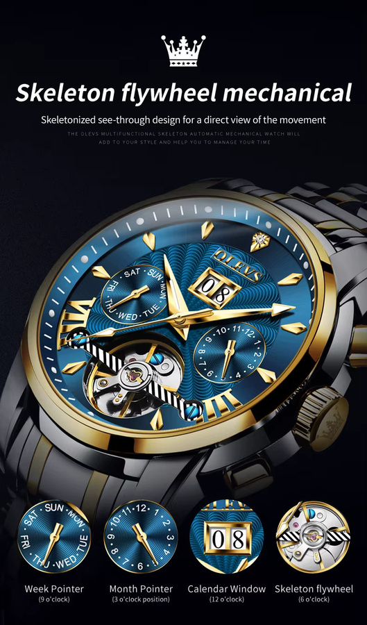 OLEVS Armbanduhr Automatik, Edelstahl, Gold, Herren - Bild 5