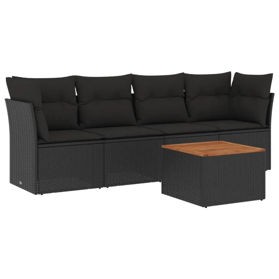vidaXL 5-tlg Garten-Sofagarnitur aus Poly-Rattan und Akazienholz in Schwarz mit Kissen Modell 85 - Bild 2
