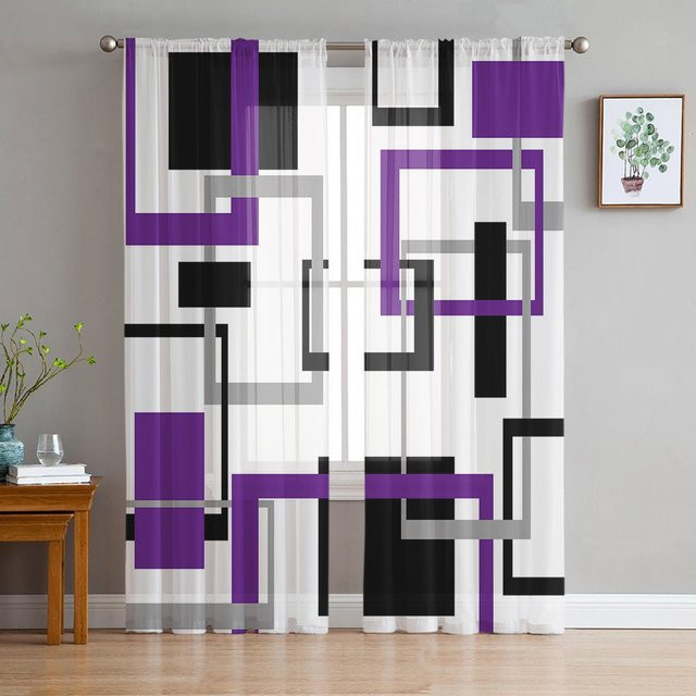 Moderne Tüll-Vorhänge mit abstraktem geometrischem Quadrat-Muster in Schwarz und Lila, halbtransparent, Breite: 135 cm, Höhe: 115 cm - Bild 1